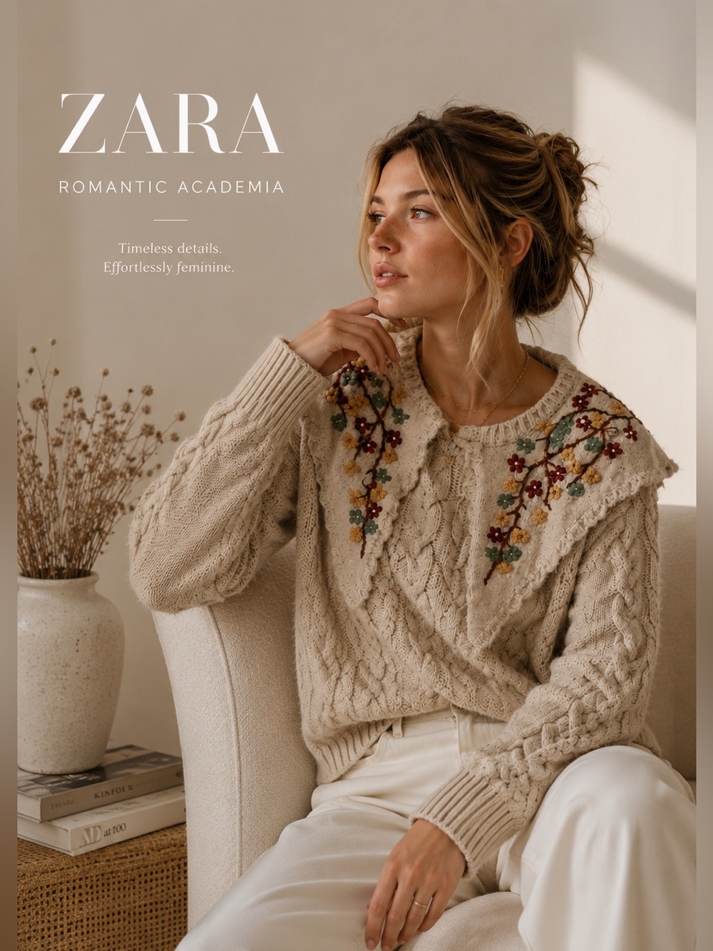 ZARA Embroidered Peter Pan Collar Cable Knit Sweater L Beige Cottagecore Boho O